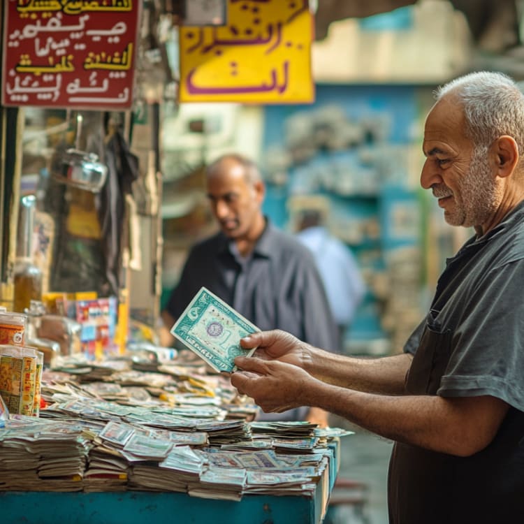Ein Tourist bezahlt mit ägyptischen Pfund auf einem lokalen Markt, bunte Banknoten wechseln den Besitzer, arabische Schilder im Hintergrund.
