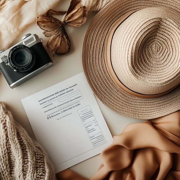 A flat lay of travel essentials including a camera, sunglasses, a sun hat, a document, and various clothing items.
