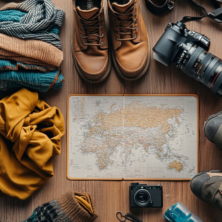 An organized flat lay of travel gear including shoes, camera, map, and clothing for a trip to Morocco.