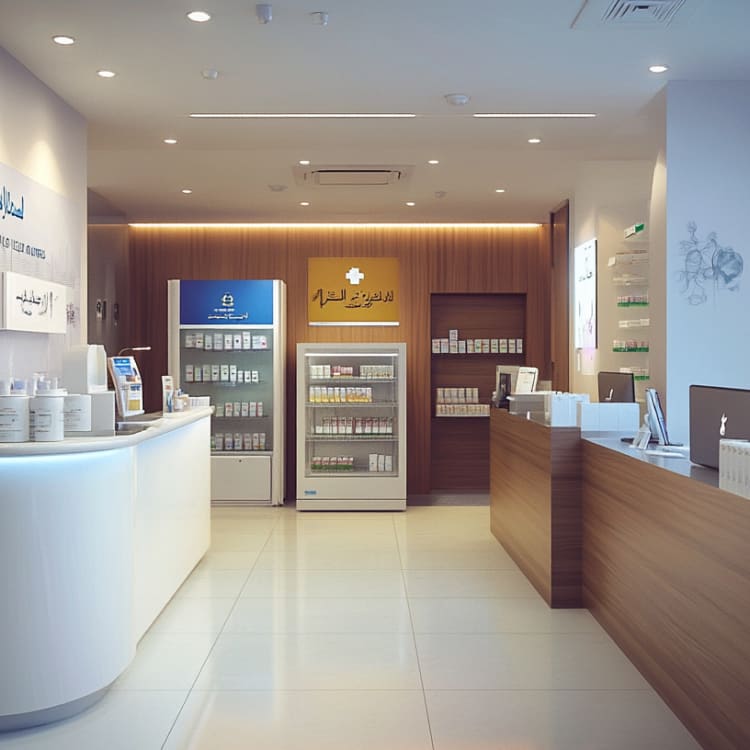 Modern medical reception area with medication refrigerators and reception desks in a healthcare facility.