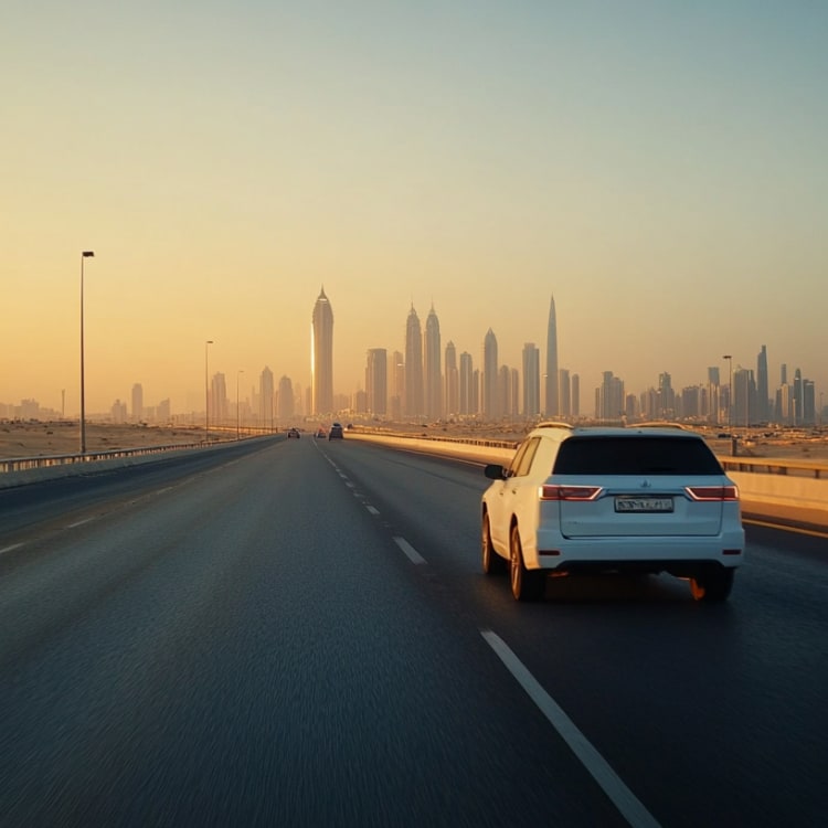 Ein weißer SUV fährt auf einer leeren Autobahn in Richtung einer Stadt mit hohen Wolkenkratzern bei Sonnenuntergang in Saudi-Arabien.