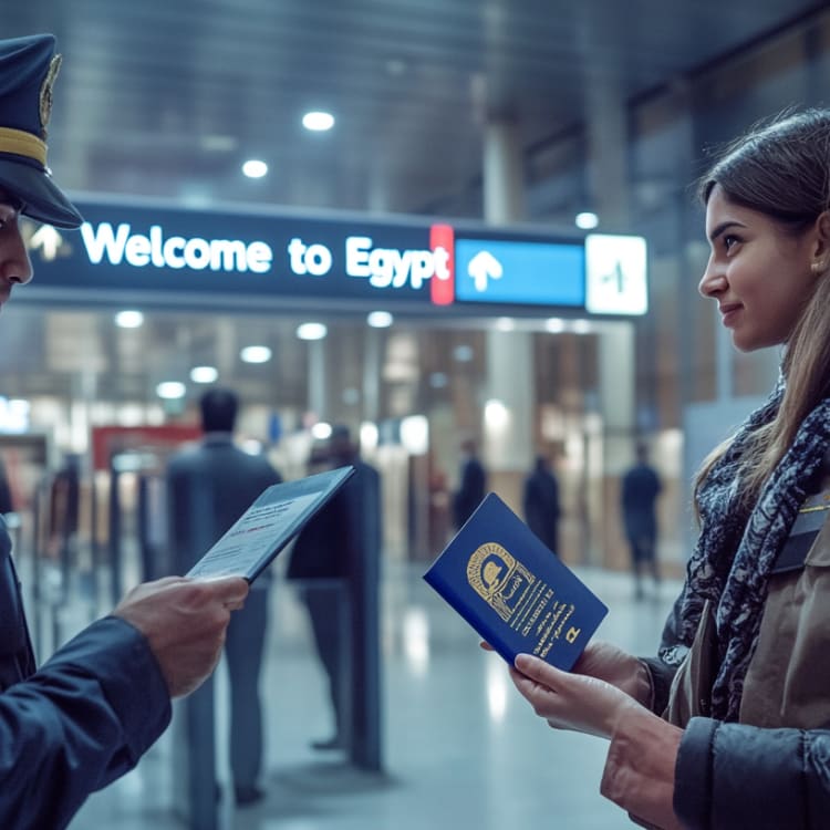 Eine weibliche Reisende zeigt einem Polizisten ihre Dokumente am Flughafen vor einem Schild 'Willkommen in Ägypten'.