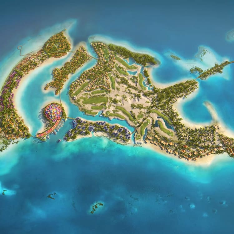 Eine detaillierte Darstellung der Shura-Insel im Roten Meer, mit üppiger Vegetation, Küstenlinien und Infrastruktur.