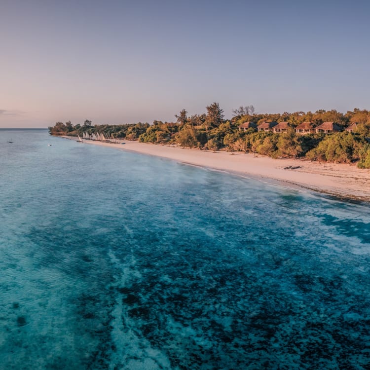 Aerial view of the Manta Resort on Pemba Island, showing clear turquoise waters and a lush shoreline with tropical trees.