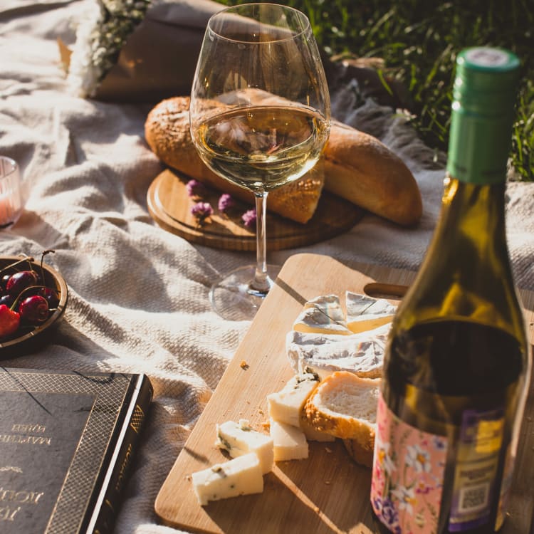 Ein Picknick im Freien mit einem Glas Weißwein, Käse, Brot und Kirschen auf einer Decke.