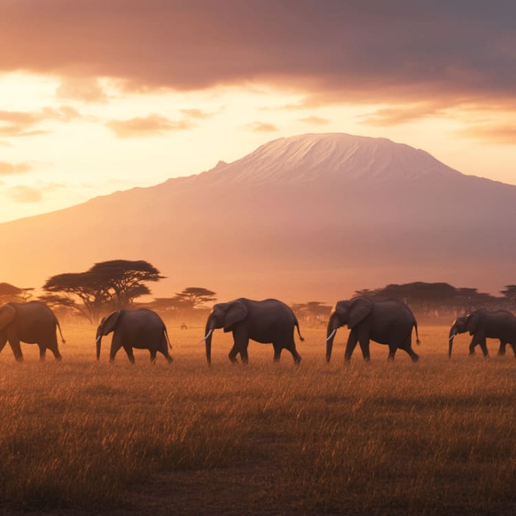 Elephants walking across a savannah with Mount Kilimanjaro in the background during sunset.