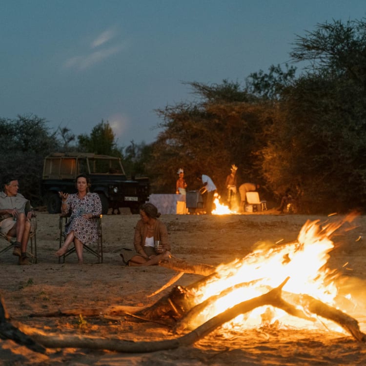 Personen sitzen in der Wildnis am Lagerfeuer