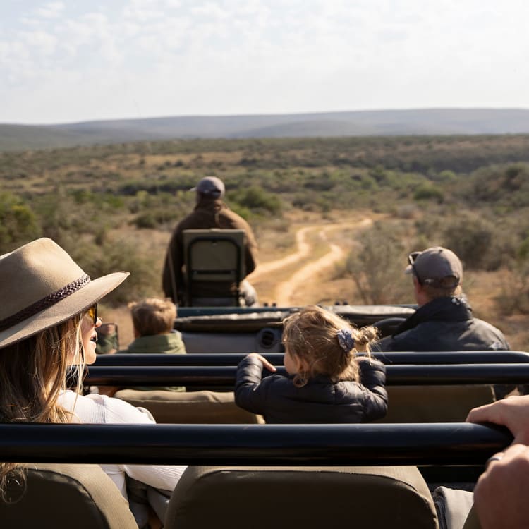 Eine Familie mit kleinen Kindern genießt eine Safari-Fahrt in einem offenen Geländewagen im Kwandwe Private Game Reserve, während sie durch die weite, natürliche Landschaft fährt.