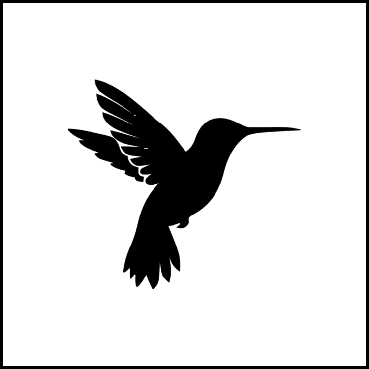 Silhouette of a hummingbird in mid-flight with wings spread, shown against a white background.