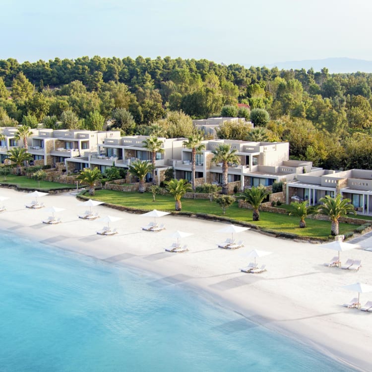 Luxury beachfront villas with private pools and palm trees along a sandy shore in Halkidiki, Greece.