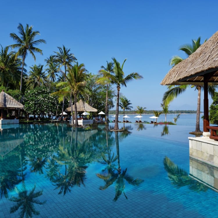 Luxurious infinity pool surrounded by palm trees and traditional thatched-roof bungalows during daytime.