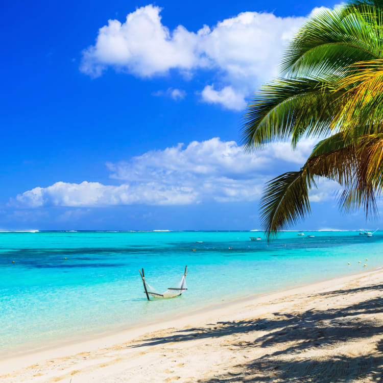 Sonniger Mauritius-Strand mit klaarem türkisfarbenem Wasser, Palmen und einer Hängematte im Sand.