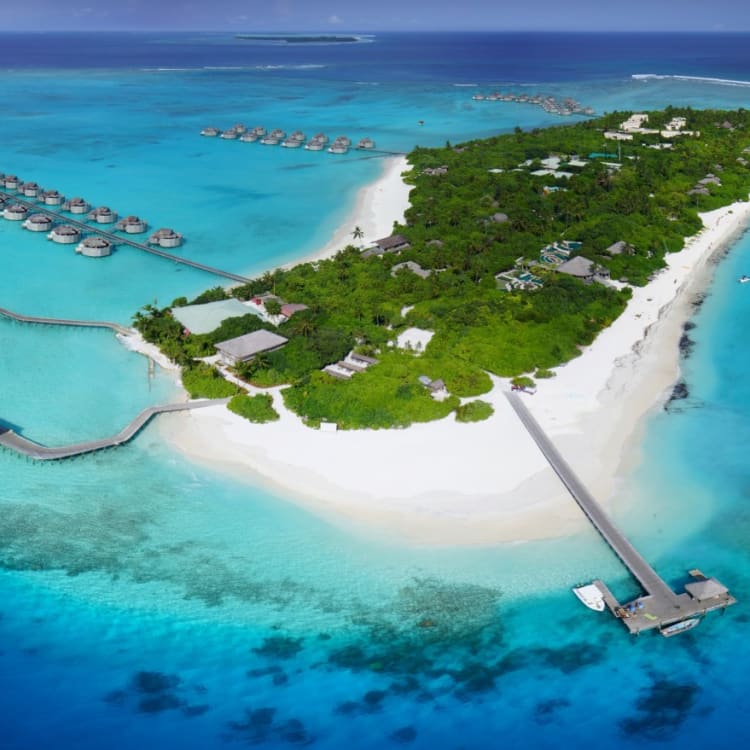 Vogelperspektive auf das Six Senses Laamu Resort auf einer tropischen Insel in den Malediven mit Wasserbungalows und üppigem Grün.