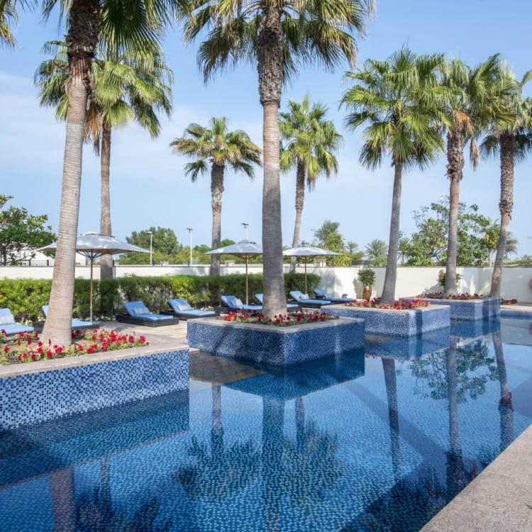 Luxury pool area with palm trees, lounge chairs, and flower beds at a resort.