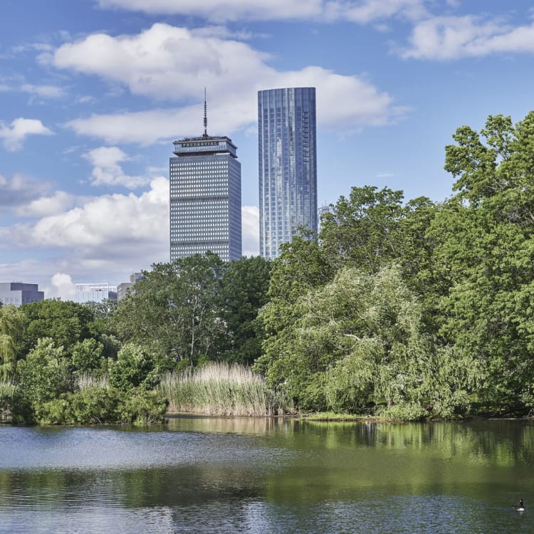 A city park with a calm river and lush green trees in the foreground, and modern skyscrapers in the background under a partly cloudy sky.