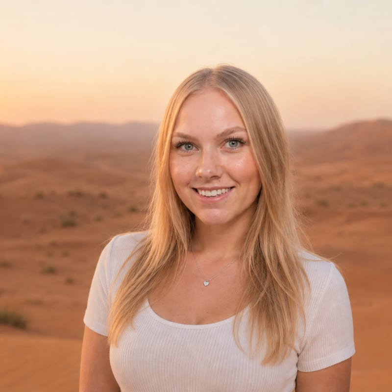 Junge Frau mit langen blonden Haaren und weißem Oberteil, die in einer Wüstenlandschaft bei Sonnenuntergang mit Bergen im Hintergrund lächelt.