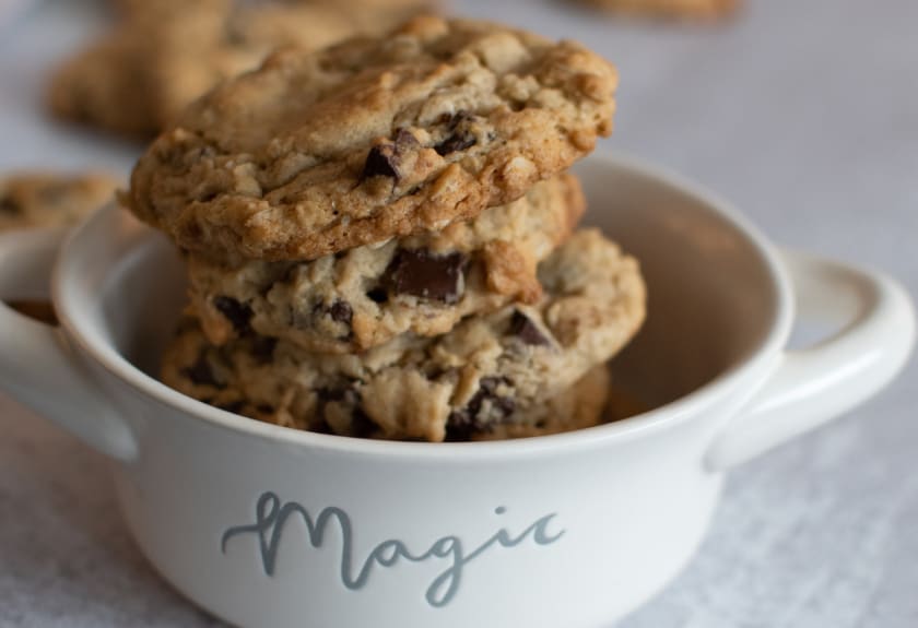 Chocolate chip cookies stacked high