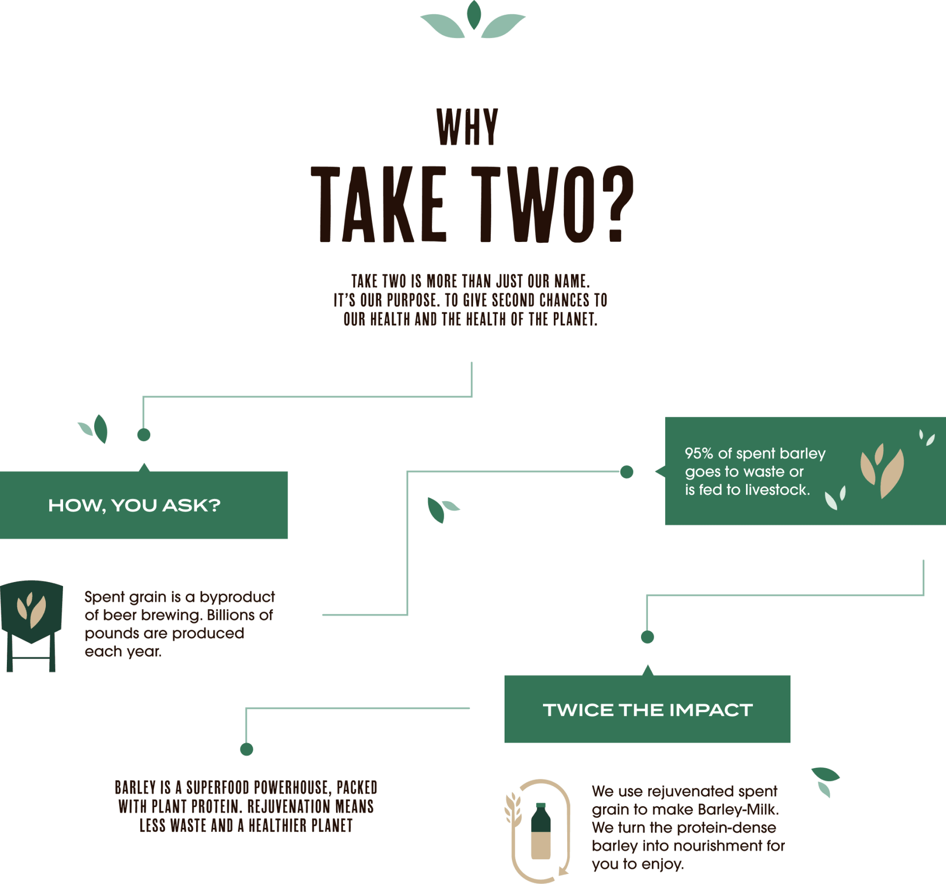 Why Take Two - an infographic outlining how Take Two takes spent grain from beer brewing (billions of pounds produced each year) and rejuvenates it to make Barley-Milk. Barley is a superfood powerhouse, packed with plant protein.