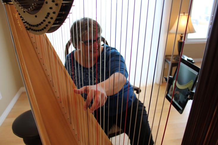 Harp Teacher Tisha demostrates a harp Skype lesson