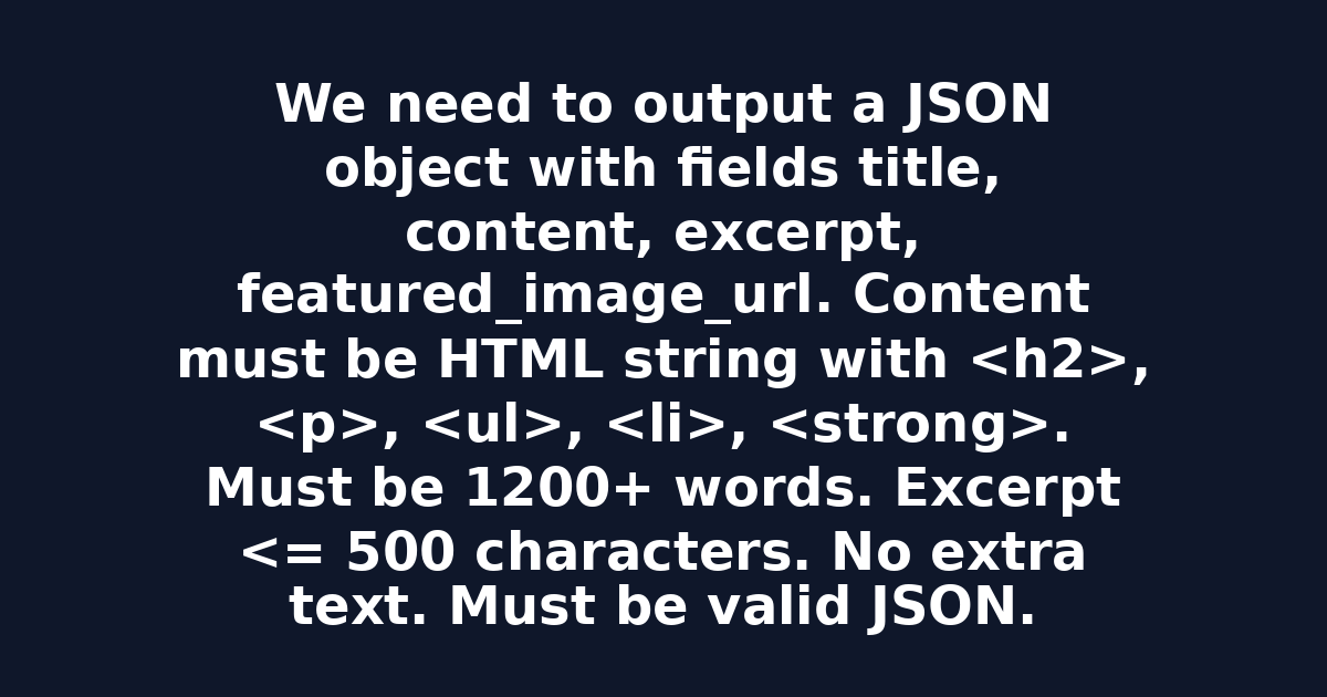 We need to output a JSON object with fields title, content, excerpt, featured_image_url. Content must be HTML string with <h2>, <p>, <ul>, <li>, <strong>. Must be 1200+ words. Excerpt <= 500 characters. No extra text. Must be valid JSON.