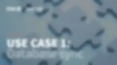 close up of gray puzzle pieces on top of a l ighter gray background, with small versions of the Qlik and Talend logos, seven coral circles with the first one filled, and the words Use Case 1: database Sync in white and gray fonts