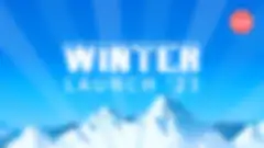 snow-covered mountain peaks with a blue sky background and the phrase Winter Launch '23 in a white font