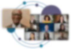 zoom screen showing 9 participants and a speaker, with two spiral circles as a graphic accent