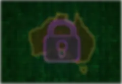 Green screen of code with the outline of Australia and a padlock superimposed