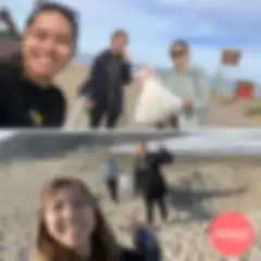 collage of 2 photos of 3 young women on a beach, holding trash bags