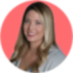 headshot of smiling young woman with long blonde hair on a coral circle background