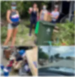 3-photo collage, first image 4 young women wearing gloves and masks stand near a green trash bin, second image is a trash pile of jumbled household goods, 3rd images is a long view of a street lined with piles of jumbled household goods