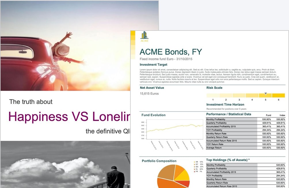 A person wearing a hat leans out of a car window. Overlayed is a report titled "ACME Bonds, FY" with investment data, risk scale, net asset value, portfolio composition, and fund evolution charts.