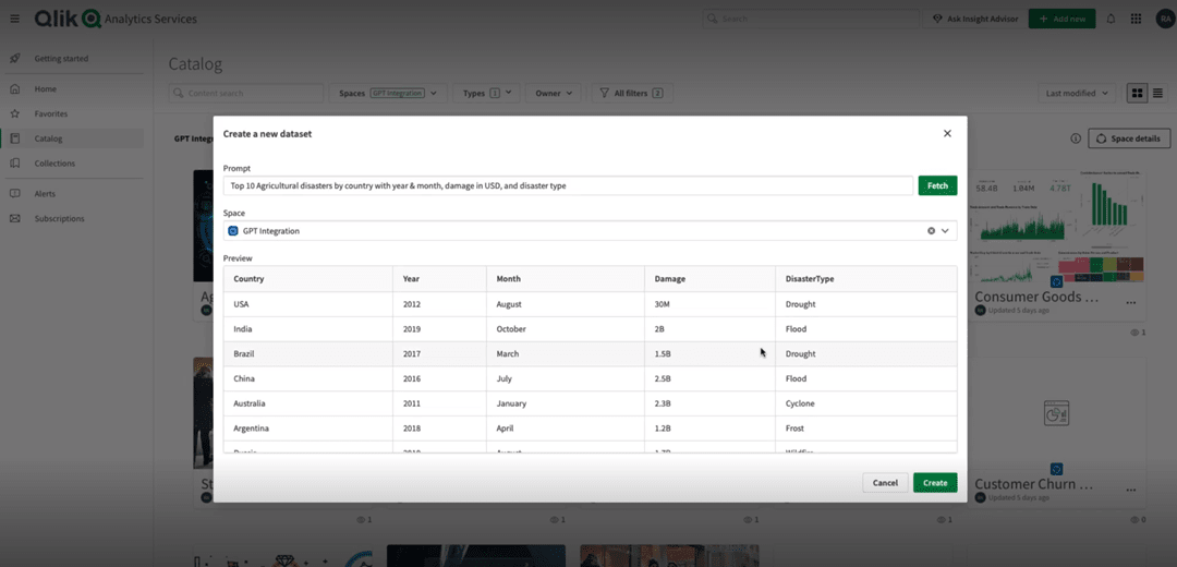 Screenshot of a Qlik Sense command screen for creating a new dataset