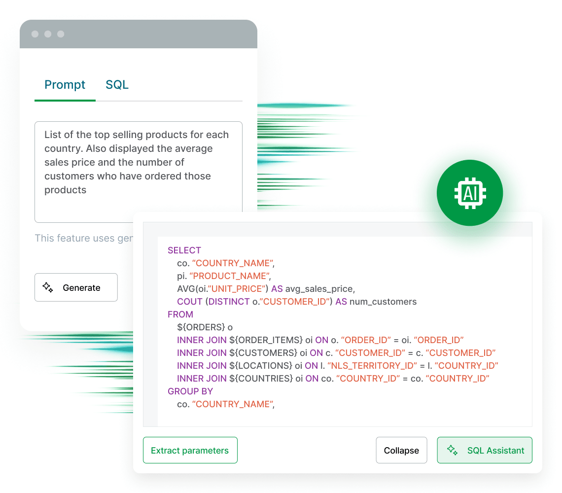 Illustration of an on-screen AI assistant providing answers. A generated SQL query is displayed next to a prompt asking for a list of top selling products, including the average sales price and the number of customers.