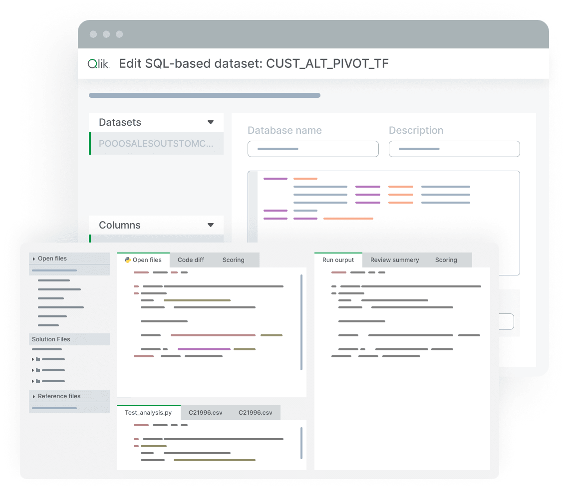 Graphic of a software interface showing custom transformations of an SQL-based dataset. It includes fields for dataset name, columns, and displays open files, solution files, reference files, run output, and scoring.