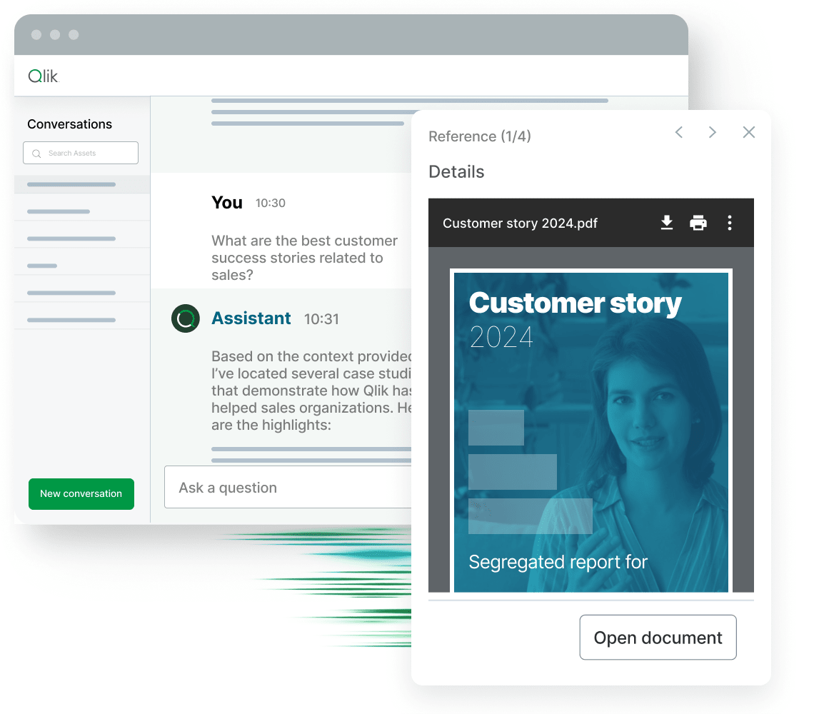 Graphic of a software interface showing a conversation with an AI assistant and a document titled "Customer Story 2024" with a button labeled "Open document.