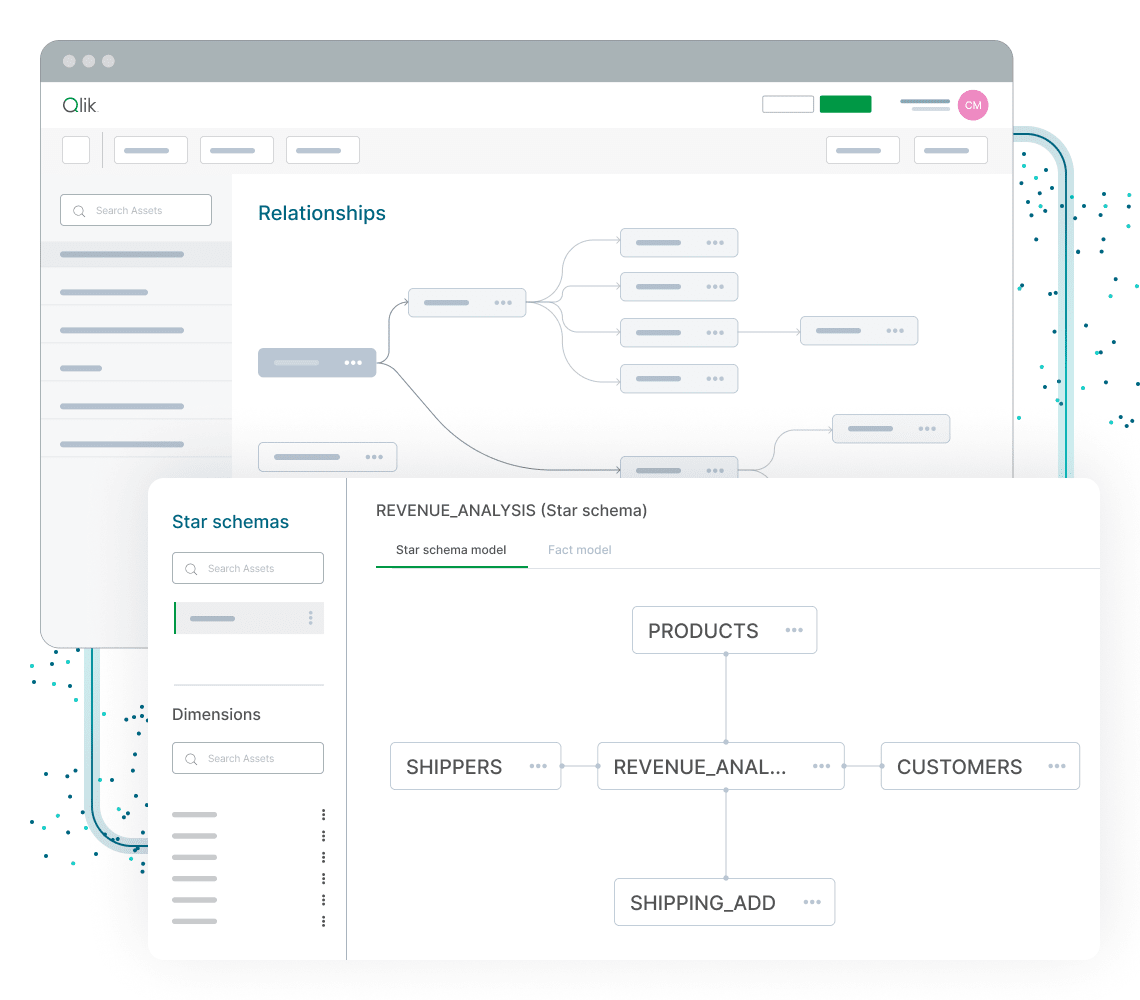 Illustration of software interface displaying a star schema model with tables PRODUCTS, REVENUE_ANALYSIS, SHIPPERS, CUSTOMERS, and SHIPPING_ADD, and a relationships diagram.