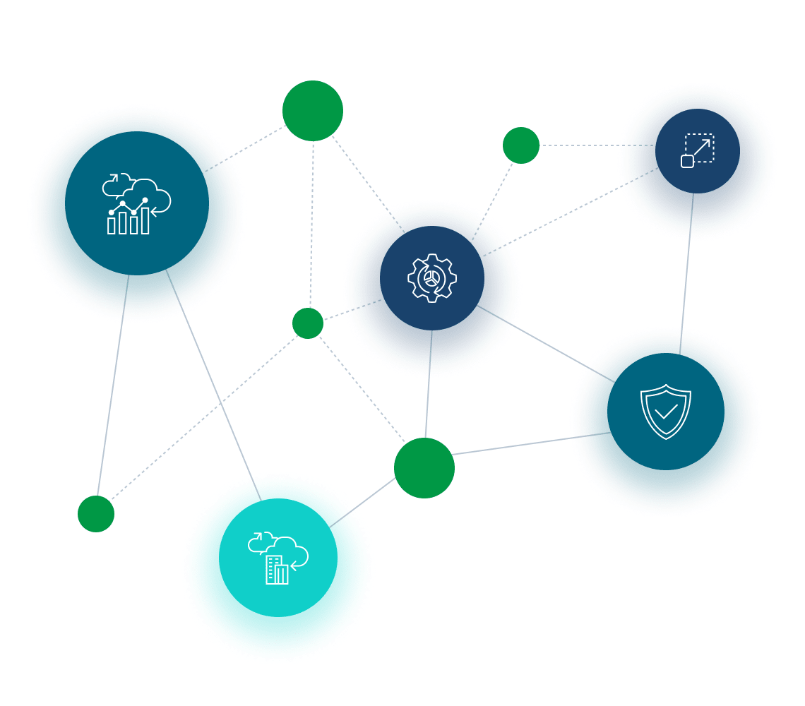 Diagram depicting interconnected nodes with icons representing data analysis, automation, security, and cloud computing. Dashed lines connect the various nodes, illustrating a network architecture.