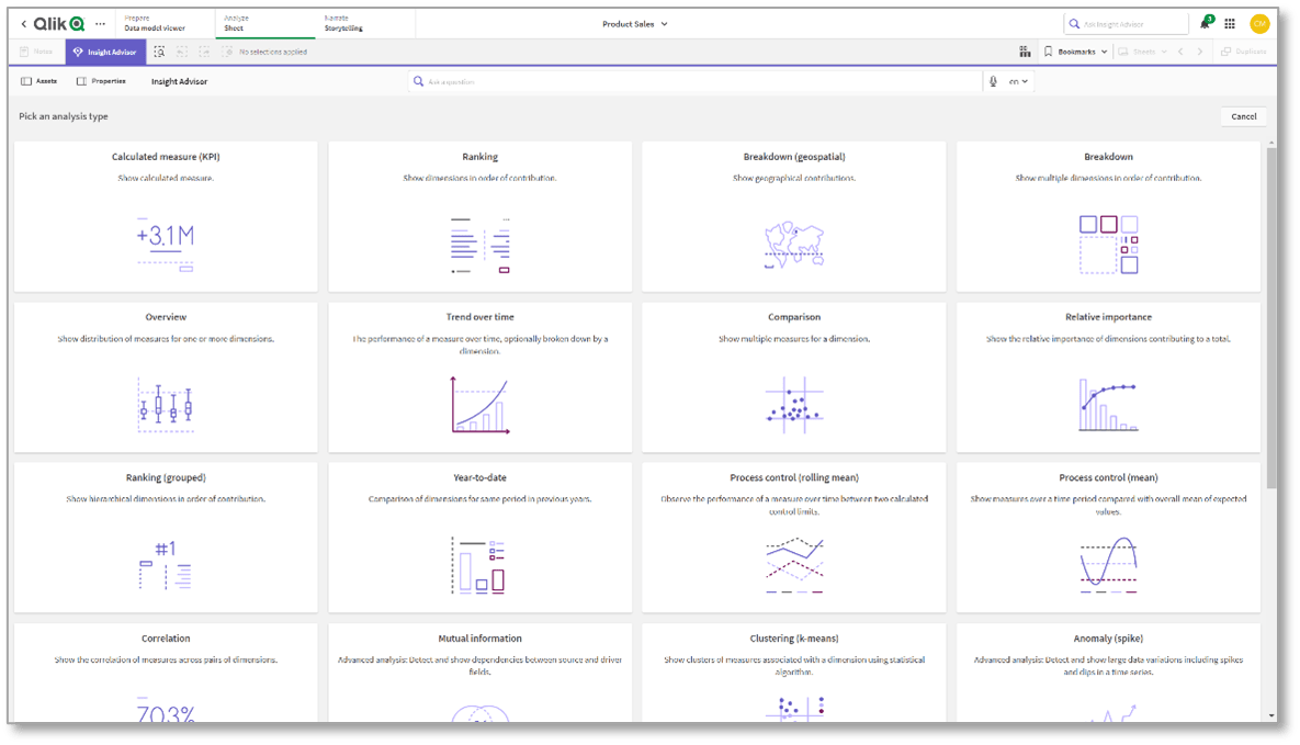 Screenshot of Insight Advisor grid of options