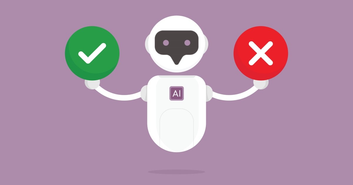 Image of a robot holding a green checkmark in one hand and a red X in the other hand