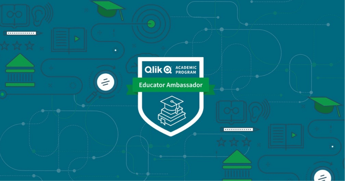 Emblem that reads "Qlik Academic Program - Educator Ambassador" with an icon of a stack of books and graduation cap