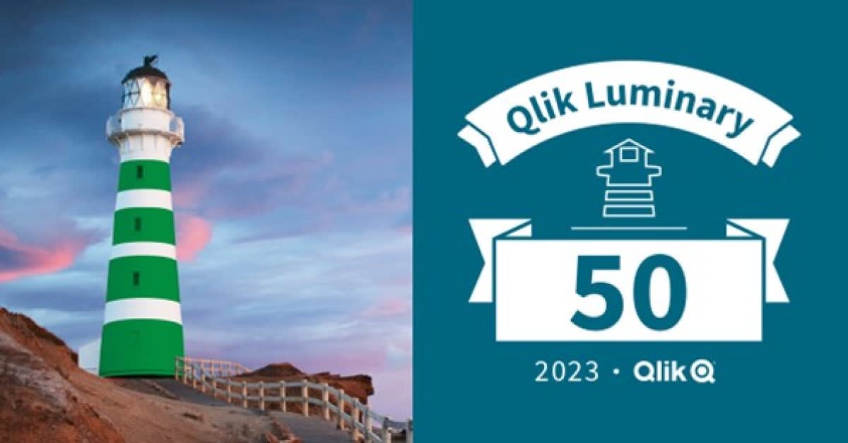 Image of a lighthouse with text that reads "Qlik Luminary 50, 2023" with the Qlik company logo