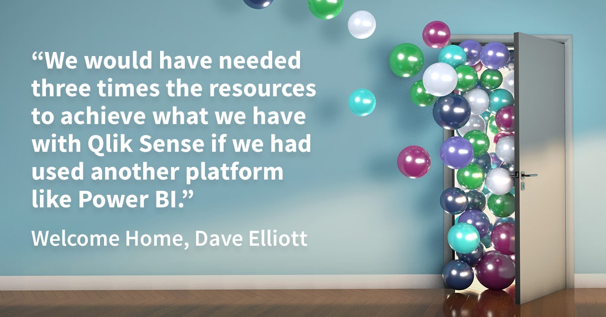 Photo of a door with balloons floating out of it and text that reads "We would have needed three times the resources to achieve what we have with Qlik Sense if we had used another platform like Power BI. Welcome Home, Davie Elliott"