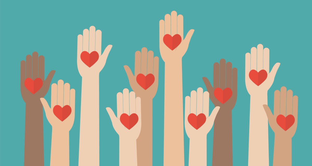 Illustration of diverse hands raised with red hearts on their palms against a teal background.