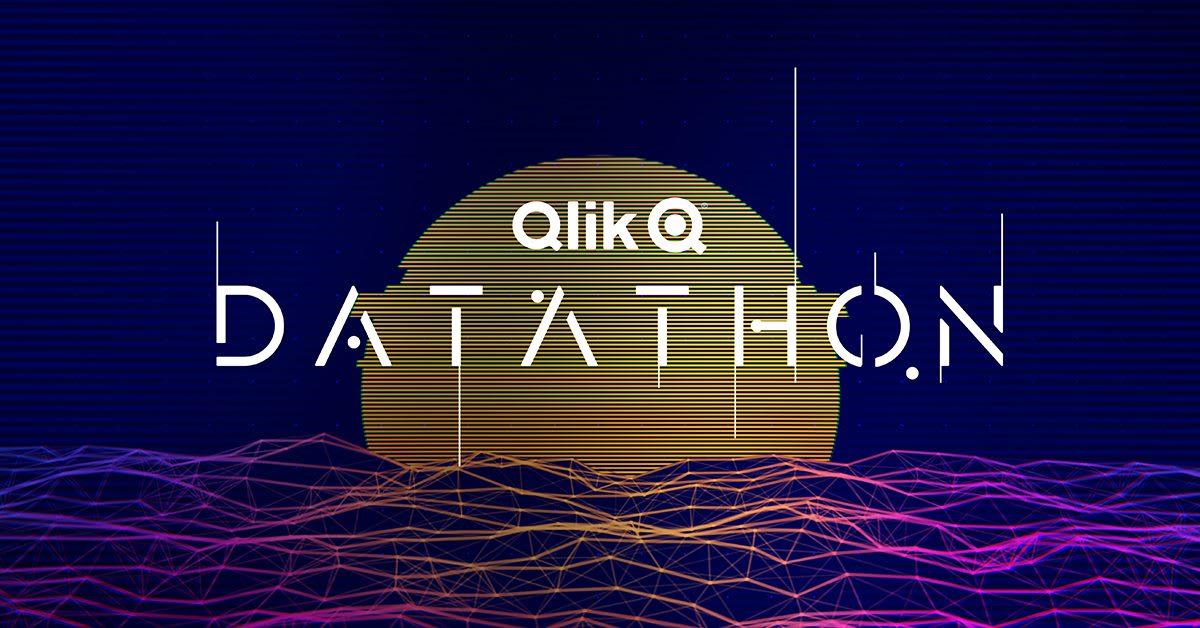 Graphic of a digital sun in muted yellow and orange sinking into a ocean waves made from a netting of yellow, purple, and pink points and lines of light. The image is overlayed with white text that reads "Datathon" and includes the Qlik company logo