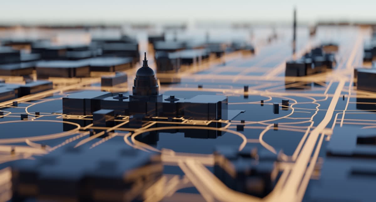 Close-up photo of a model of the US Capital building and the surrounding Washington, DC area