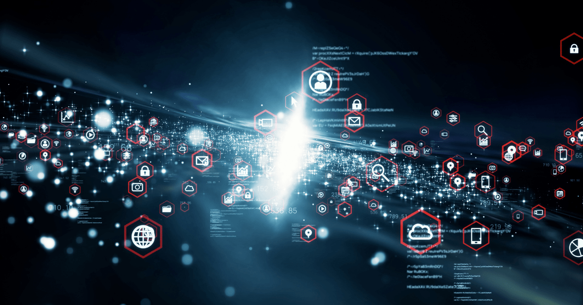 Graphic of white internet-related icons, each outlined in red hexagon, exploding from a bright light like stars in space