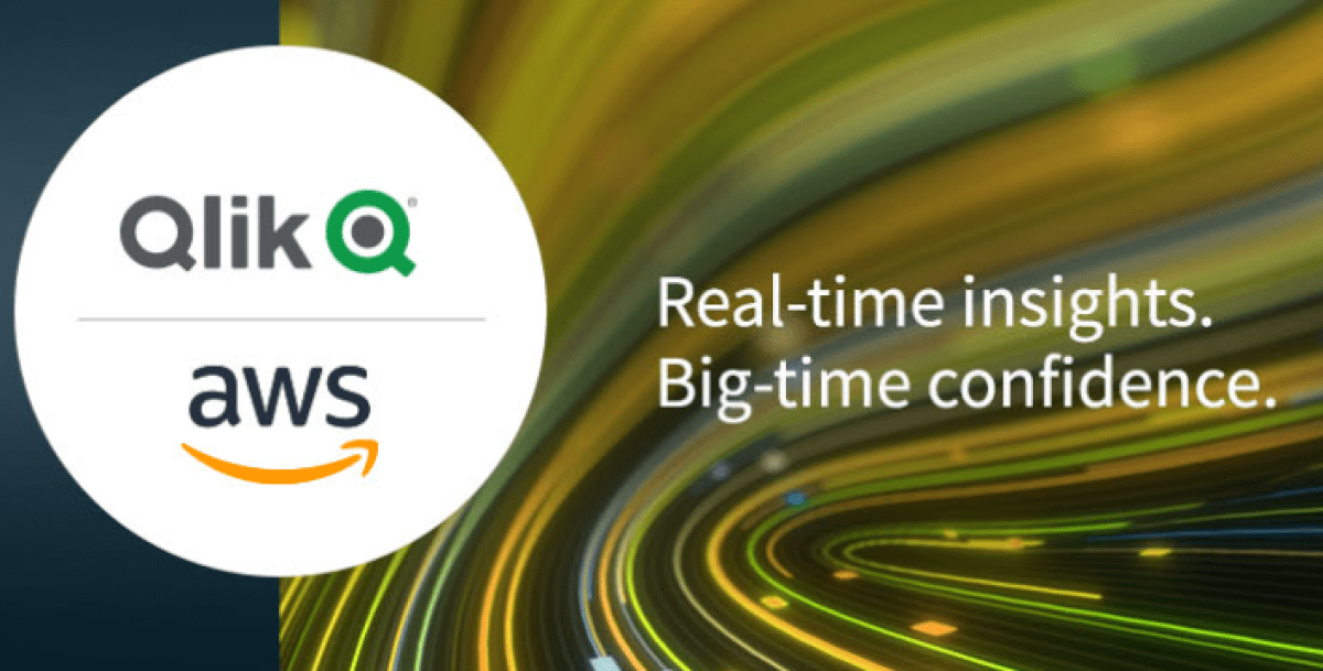 Graphic with text that reads "Real-time insights. Big-time confidence" with the Qlik and AWS company logos