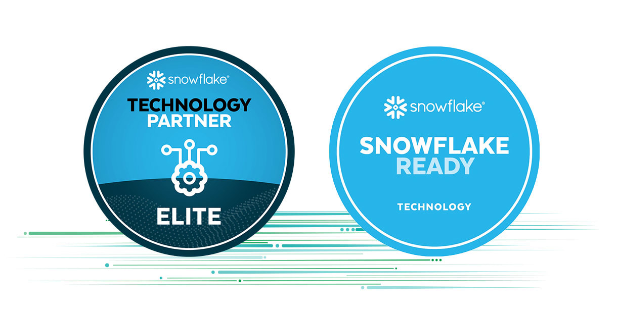 Two circular badges: One says "snowflake TECHNOLOGY PARTNER ELITE" with a gear icon; the other says "SNOWFLAKE READY TECHNOLOGY" with the Snowflake logo. Green and blue lines run beneath them.