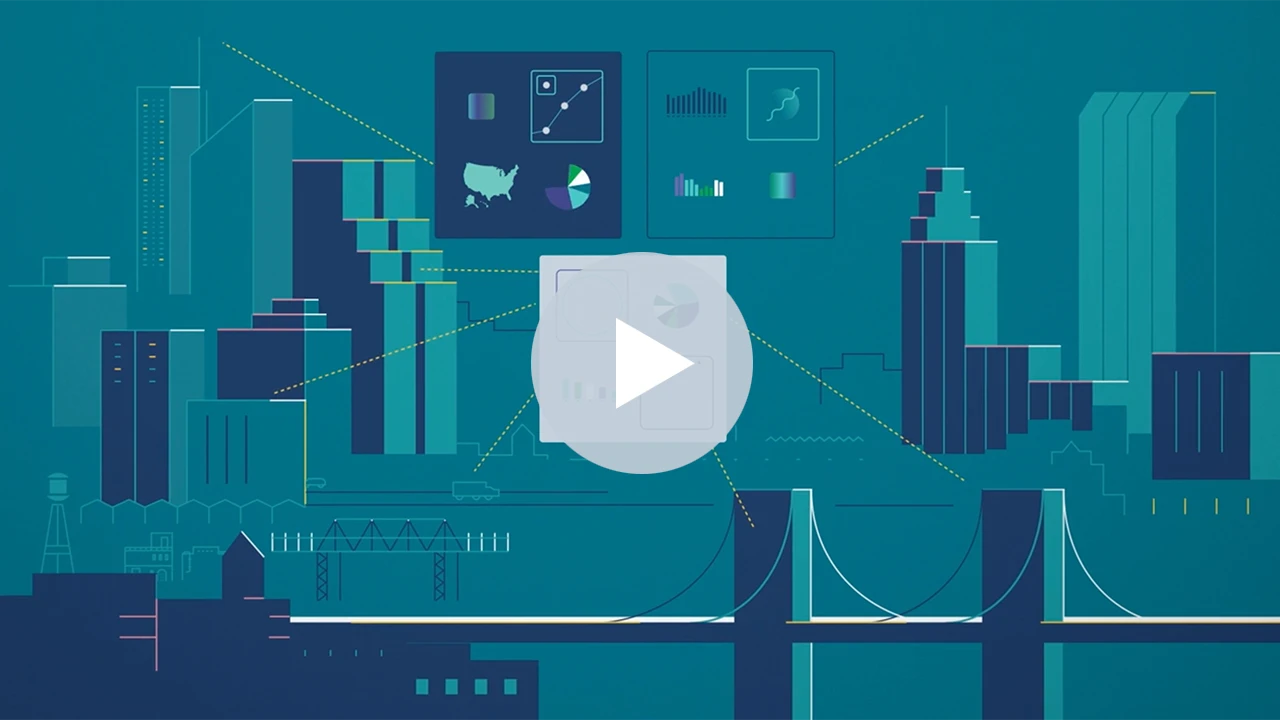 Video cover image - graphic city scape and charts. Watch Qlik Sense demo video.